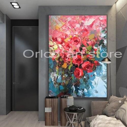 Handmade Red Knife Flower Painting Abstract Paintings on Canvas New Style Still Life Painting Hang Picture Decor Oil Painting