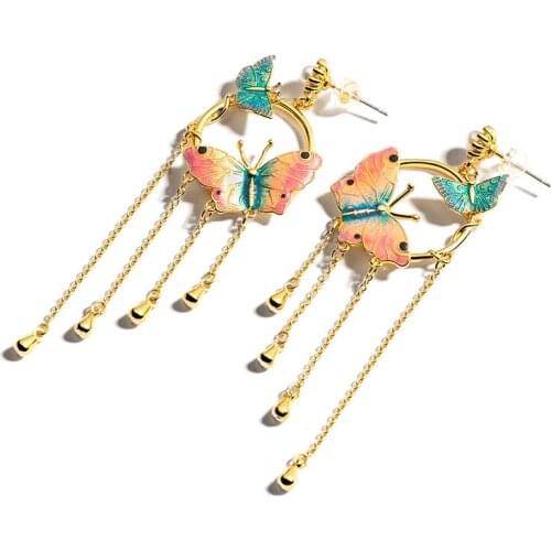 New Fashion Butterfly Tassel Dangle Earrings Female Temperament Long Ear Jewelry Stud Earrings Ear Clips Without Pierced Earring