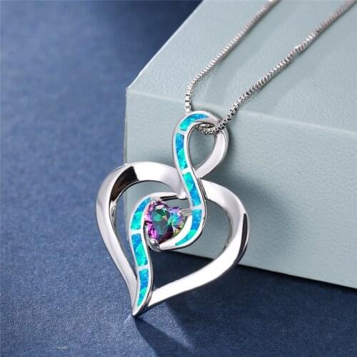 White Blue Fire Opal Love Heart Pendant Necklaces For Women Wedding Jewelry Fashion 925 Silver Cute Heart Rainbow Stone Necklace