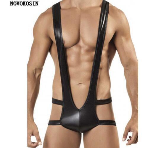 XB4 2018 Faux Erotic Leather Lingerie Bondage Gloss Sexy Plus Size Men Gay Underwear Bandage Homme Bodysuit Wrestling Singlet