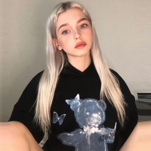 Vintage bear Goth Hoodie Women Oversized Punk Harajuku winter Y2K Top Dark Aesthetic Fairy Grunge clothing Female sweatshirt