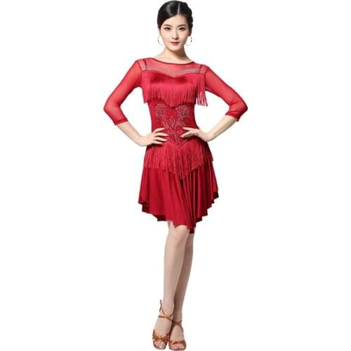 2020 Women Dance Wear Ballroom Dress Samba Costume Sexy Party Dresses Sheer Mesh Stretchy One-piece Latin Dancing Dress Rose