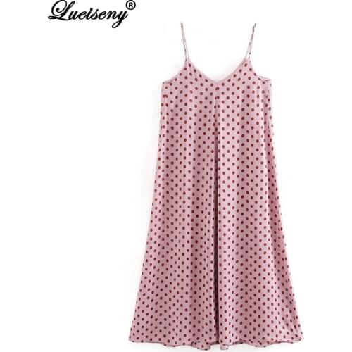 LUEISENY Spaghetti Strap Midi Dress Sexy V Neck Women Dot Print Loose Lady Dresses Sleeveless Party Dress Female Sukienki Letnie