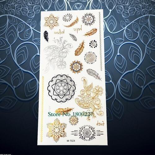 1PC Gold Henna Flash Metallic Tattoo Indian Sun Flower Feather Design Waterproof Tempoary Tattoo Sticker Women Arm Decals PM-T24