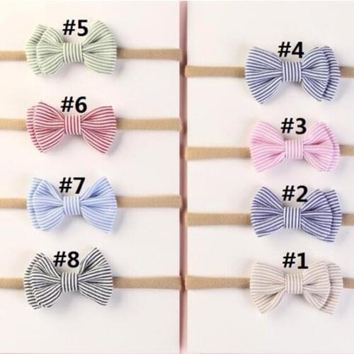 New Coming 8 Colors Cute Striped Bow With Skinny nylon headband, Handtied Bow Nylon Headband For Girls Kids Hall Winter