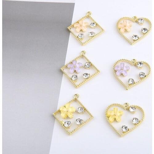 4pcs Korean Alloy hemp lace crystal flower Earrings Female hollow love Rhinestone pendant DIY handmade jewelry earring material