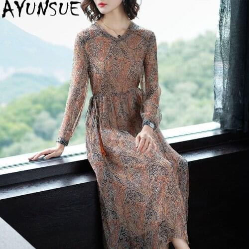 AYUNSUE 100% Silk Dress Female spring summer Dresses for Women Long Elegant Dress Woman Floral V neck 2021 Vestido De Mujer