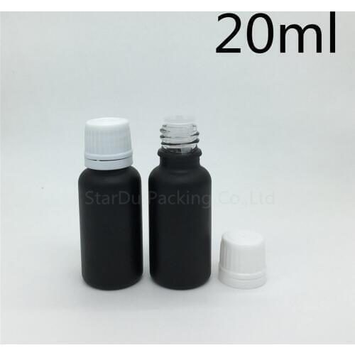 Free Shipping 200pcs 20ML Black Frosted Glass Bottle 20ml Vials Essential Oil Bottle white Plastic cover Perfume bottles