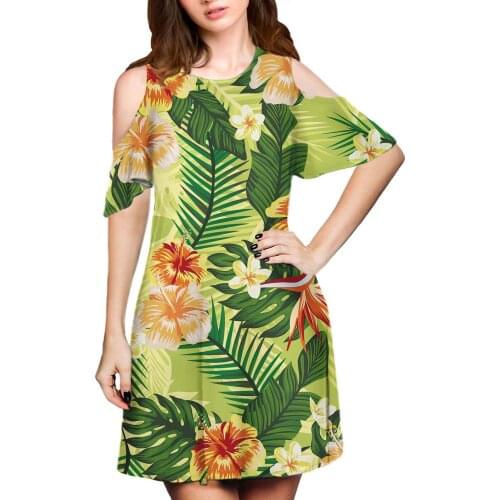 Hycool Green Plumeria Design Summer Lady Casual Dress Wholesale The New Women Plus Size Dress Custom Low Price Off-Shoulder Gown