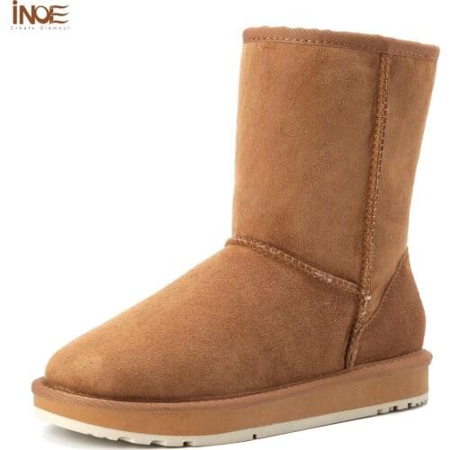 INOE Real Sheepskin suede leather winter snow boots for women wool fur lined female winter shoes flats warm waterproof black