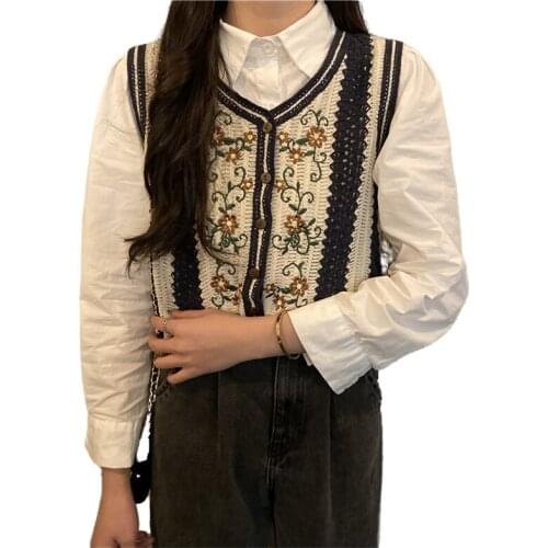 FairyNatural Women Vintage Exotic Embroidery Sleeveless Cardigan V Neck Ladies Buttons Loose Knit Vest 2021 Autumn Spring