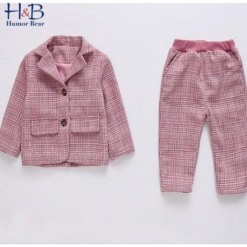 Humor Bear Girl Clothes Sets Spring Autumn Long Sleeve Plaid Printed Outerwear +Long Pants 2pcs Outfit Casual Clothes