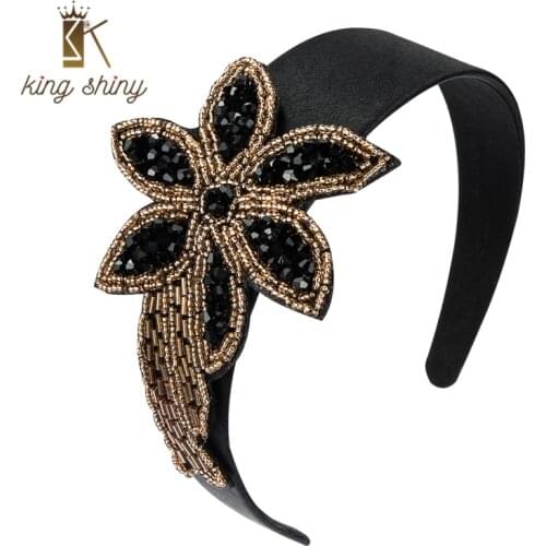 King Shiny Baroque Crystal Flower Headband for Woman Vintage Hand Rhinestone Beaded Hairband Girls Party Hair Accessory Headwear