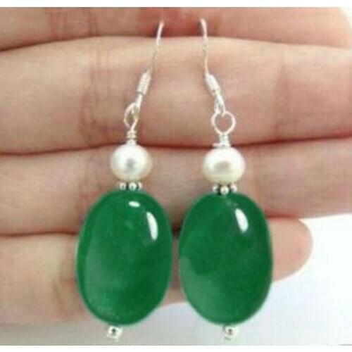 Beautiful White pearl Natural green jade 13X18 Silver hook Earrings A 2pairs