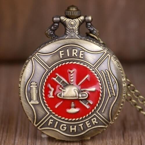 Red Fire Fighter Pocket Watch Bronze Steampunk Firefighter Quartz Watches Men Women Pendant Gift Necklace CF1072