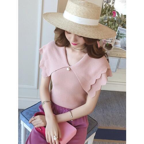 Summer Korean lady Slim V-neck ruffled solid color beaded sweater sleeveless female free size,yellow,black,pink,khaki