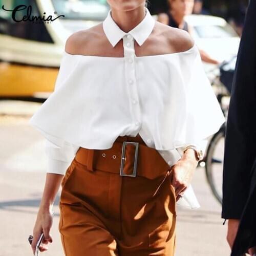 Celmia 2021 Fashion White Blouse Women Sexy Halter Off Shoulder Summer Shirts 3/4 Sleeve Casual Solid Elegant Office Blusas 7