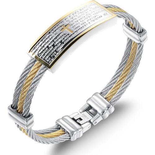 Granny Chic Fashion Male Cross Cable Bangles Stainless Steel Jesus Cross Charm Cuff Bracelets Jewelry For Men