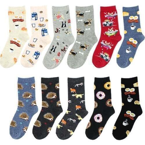 Harajuku Funny Socks Divertidos Skarpetki Creative Pug Sokken Chaussette Femme Streetwear Food Coffee Eggs Cute Women Socks
