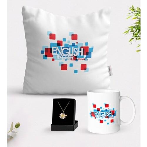 Personalized English Teacher White Mug Cushion and Is Daisy Necklace Gift Seti-12