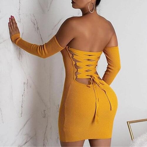Misswim Sexy lace up bodycon dress women 2019 Autumn off shoulder dresses ladies Elegant backless mini dress party dress Vestido