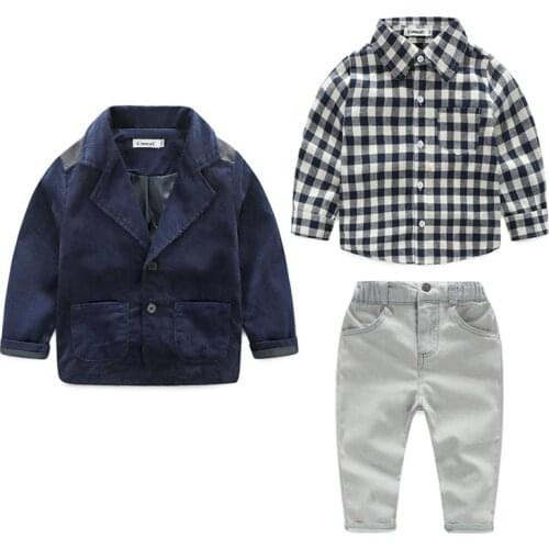 Spring Autumn Children Gentlemen Baby Kids Full Sleeve Casual Clothes Outfits Kids Baby New 3Pcs Fashion Tops+Pants+Jacket Set