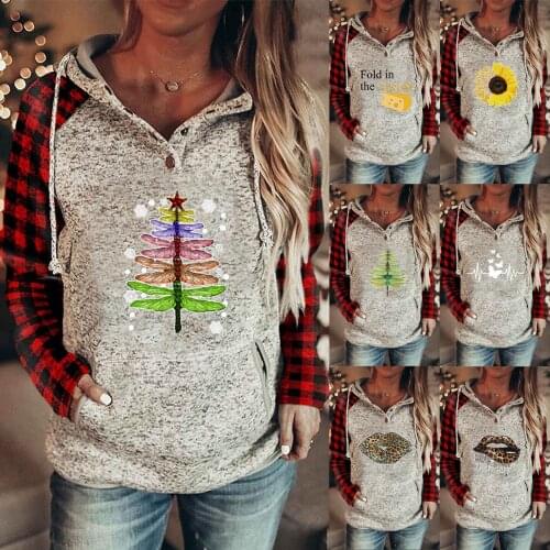 Autumn Winter Women Pattern Printed Plaid Patchwork Long Sleeve Sweatshirt Female Fashion Casual Loose Comfortable Thermal Tops