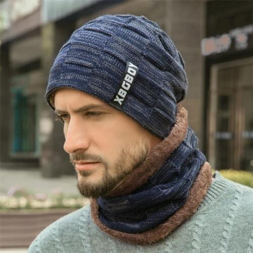 Men Winter Hat And Scarf Man Warm Knitted Plush Hat 2 Pcs Set Male Solid Beanies Cap With Ring Scarves Adult Accessorie