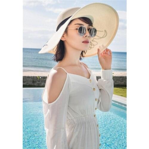 Summer Beach Sun Caps Women Casual Letter Strap Straw Hats With Large Round Wide Brim Sun Hats