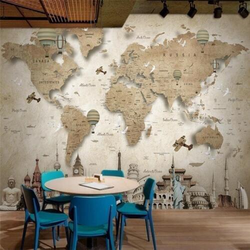 Wellyu Retro nostalgic cartoon world map background wall custom large mural green wallpaper papel de parede para quarto