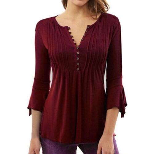 Plus Size 2XL Sexy V-Neck Button T-Shirt Women Summer Tops Long Sleeve T-Shirt Female Casual Solid Vintage Polyester Tshirt