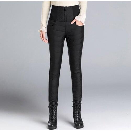 High waisted down pants for women wear thickened warm down cotton pants for winter show thin white duck down pants for women
