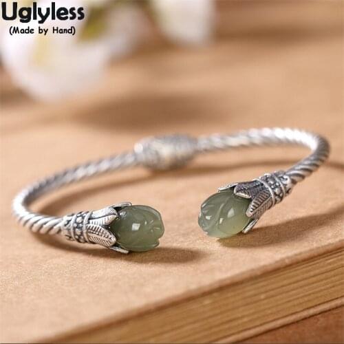 Uglyless Natural Jade Magnolia Open Bangles Thai Silver Flowers Elegant Dress Jewelry for Women Solid 925 Silver Twists Bangles