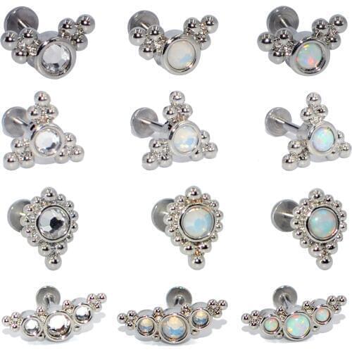 1PC G23 Titanium&Steel Opal Cluster Ear Tragus Helix Cartilage Snow Fire Gem Earring Stud Labret Bar Ring Body Piercing Jewelry