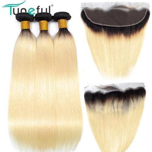 1B 613 Blonde Bundles With Frontal Closure Tuneful Brazilian Straight Remy Human Hair Dark Roots 613 Bundles with Frontal