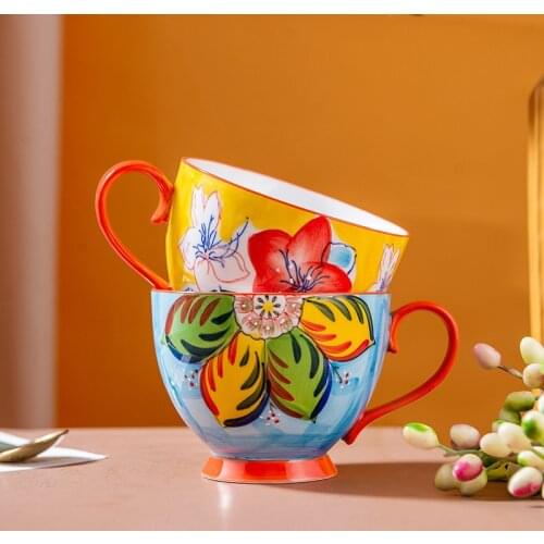 3d Ceramic Hand-painted Cup Coffee Shop Embossed Coffee Cup Kitchen Retro Breakfast Cup Home Large-capacity Coffee Oatmeal Cup