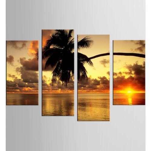 4 panel framed island sunset coconut tree landscape painting mural artist decoration living room canvas print modern painting