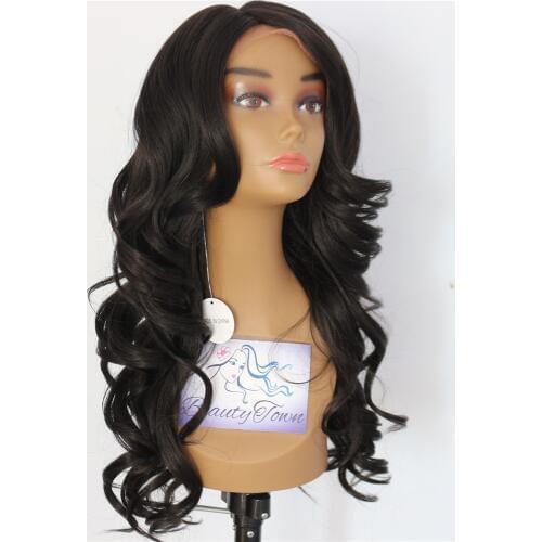 BeautyTown Black Color Heat Resistant Yaki Hair Deep L Type Big Wave Perruque Wedding Makeup Synthetic Lace Front Daily Wigs