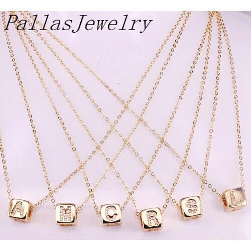 12Pcs Golden Micro Paved CZ A-Z Letter Intitial Square Bead Jewelry Charm Copper Spacer Pendant Charms Necklace