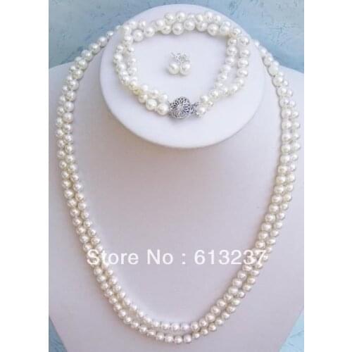 Hot free Shipping new Fashion Style diy Beautiful 2Rows White Akoya Pearl Necklace Set 7-8mm MY4792