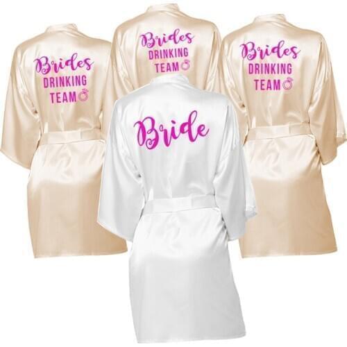 Bachelor Party Bride& Bride Drinking Team Robe Pink Print Kimono Satin Pajamas Robe Custom Robes Wedding Party Robes Female
