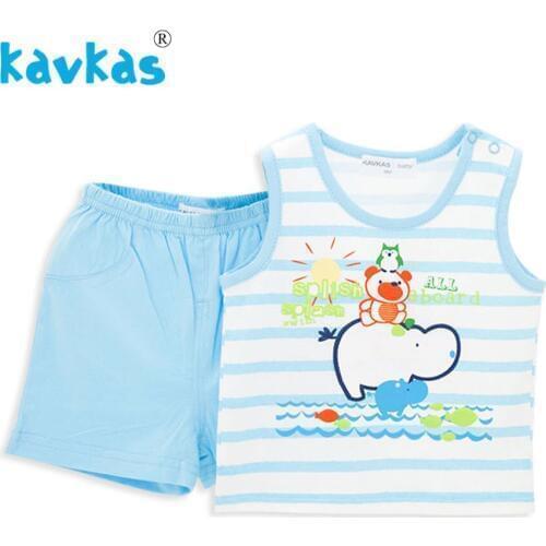 Kavkas Baby 100% Cotton Bear On Hippo Printing Summer Wear Sleeveless Two Pieces Baby Boy Girl Clothing Set T shirt shorts