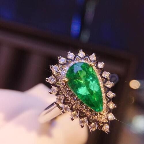 100% Natural 0.9Carat Pear Cut Emerald Wedding Anniversary Ring Pendant Dual Use with Nautral Diamond 14k White Gold