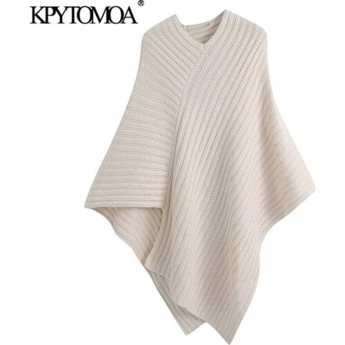 KPYTOMOA Women 2021 Fashion Long Asymmetric Knit Cape Sweater Vintage O Neck Loose Female Pullovers Chic Tops