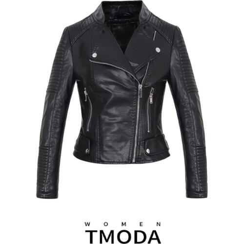 TMOD272 New Autumn Winter Women Soft Faux Leather Jackets Coats Lady PU Motorcycle Black Zipper Coat Streetwear Biker Outerwear