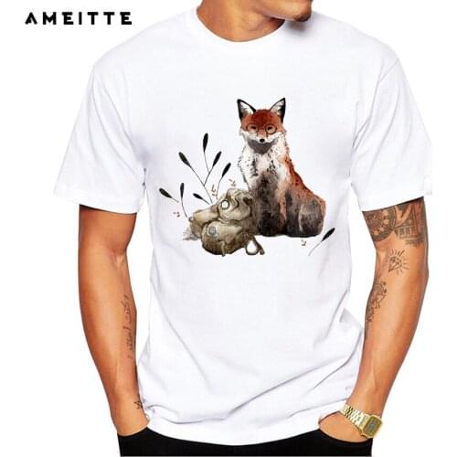 AMEITTE Retro Art Design fox T-Shirt Fashion Cool White T Shirt Men Hipster Animals Design Short Sleeve Tee Tops