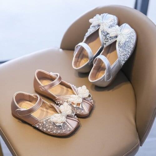 2021 New Baby Girls Wedding Party Shoes Gold Silver Pearl Low Heel Leather Shoes Bling Butterfly-knot School Girl Shoes