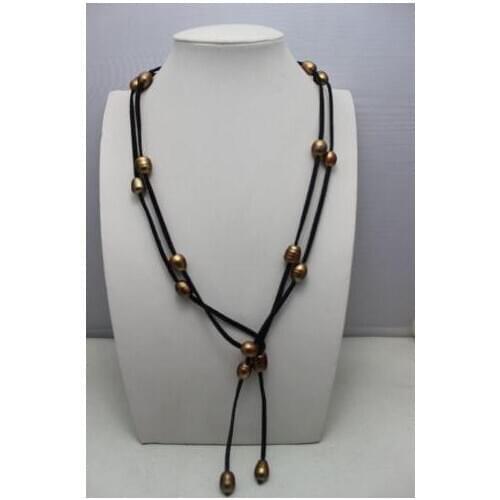 New Arriver Black Genuine Leather Golden Brown Freshwater Pearl Necklace 10x12mm 48