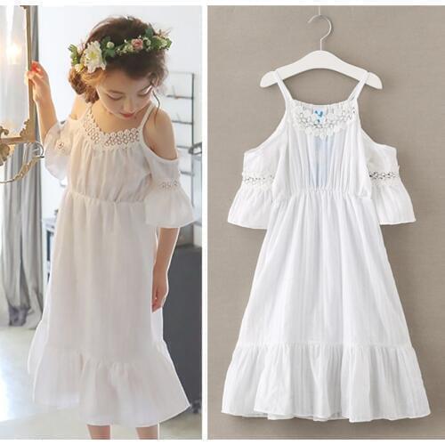 4 To 14 Years Girls Dress Kids & Teenager Summer Off-shoulder White Pink Ruffle Beach Dress Children Princess Sleeveless Dresses