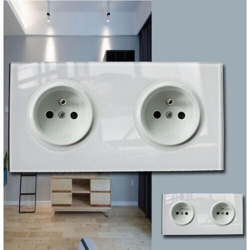 146 Type French switch Socket Crystal Tempered Pure Glass Panel 13a Double Eu Standard Wall Power Socket Grounded white